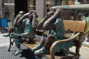 Three monkeys covering their eyes, ears, and mouth.