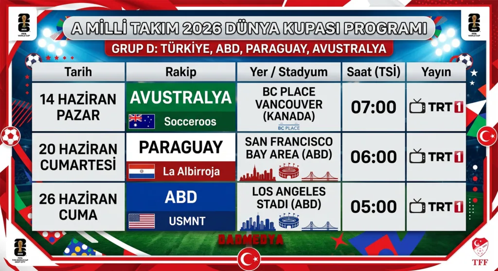 Türkiye 2026 Dünya Kupası Maç Programı ve Grup Rakipleri